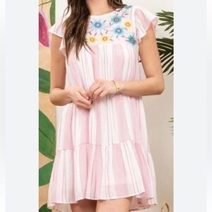 Blu Pepper Pink Striped Mini Dress with Floral Embroidery